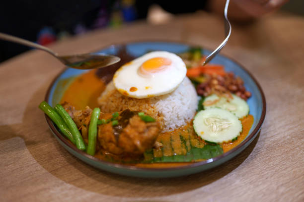 A close-up of a traditional Malaysian dish, Nasi Lemak, served with a fried egg on top of a mound of fragrant coconut rice. The plate is garnished with cucumber slices, green beans, peanuts, and a portion of spicy chicken in curry sauce.