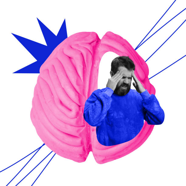 Contemporary art collage. Person holding head while sitting inside split pink brain represents cognitive overload or stress-related conditions.