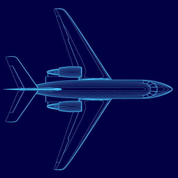 istock Blue airplane is shown in a blue background. The airplane is a jetliner with a large wing and a small wing on the tail. The airplane is shown in a stylized way 2192132905