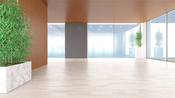 istock Empty Contemporary Room with Brown Wooden Corrugated Wall 2192133527