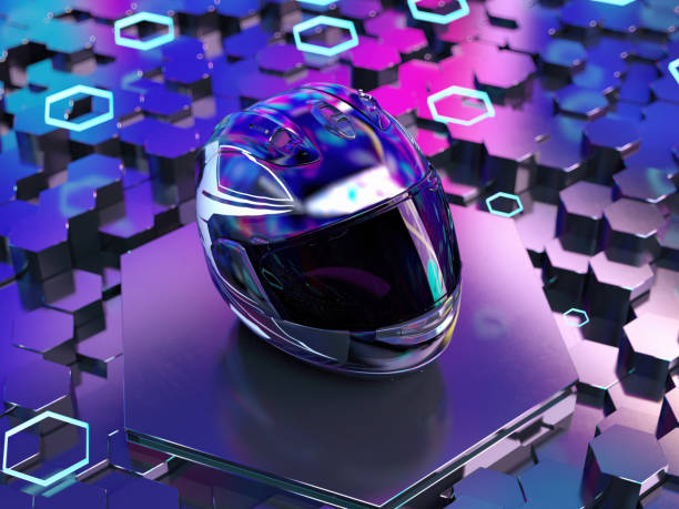Motocylce Helmet under Neon Lights over Black Hexagonal Background. 3D Render