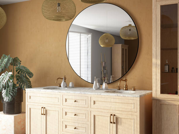istock Boho Style Cozy Bathroom with Sink and Round Mirror 2192133899