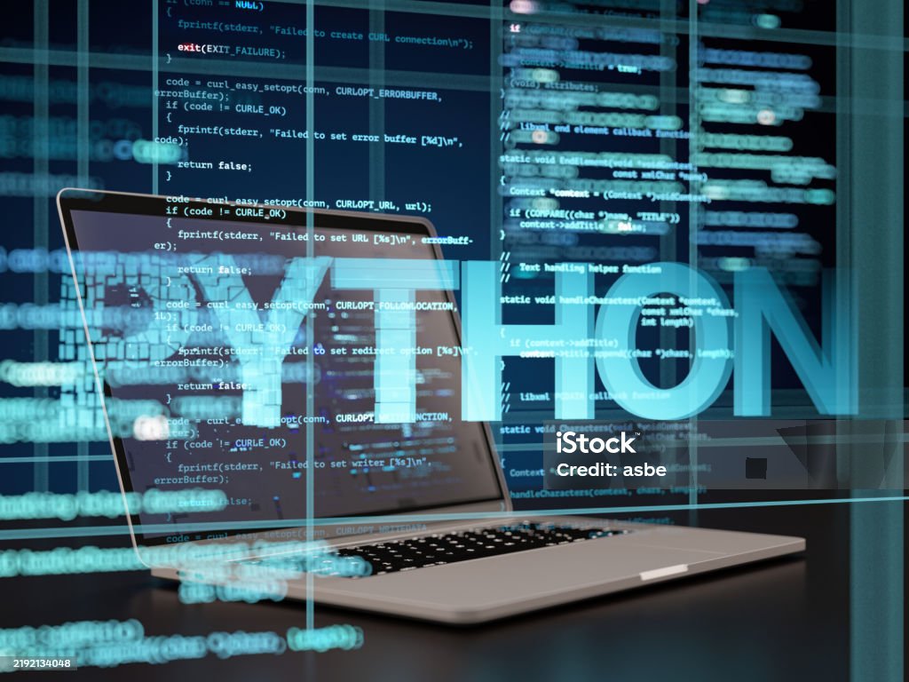 Python Programming Language Concept With Computer Code And Laptop Stock ...