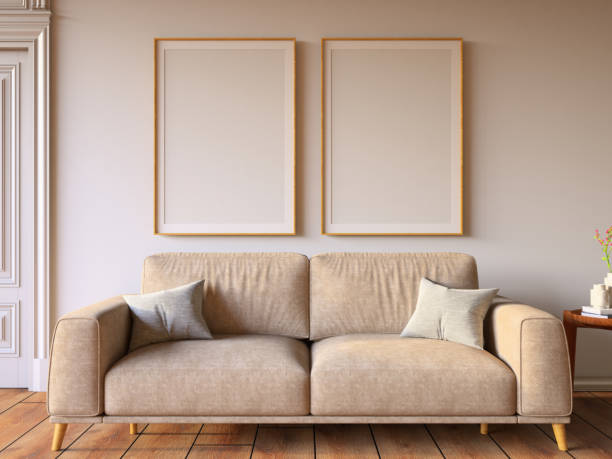 istock Two Vertical Empty Mock Up Picture Frame on Cozy Living Room's Wall 2192134061