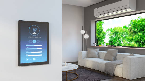 istock Smart Home and Air Conditioner Control Panel on Modern Living Room's Wall 2192134062