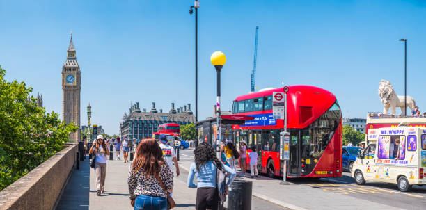 London, England; 06/06/2023: English double-decker bus crossing Westminster bridge with the ferris wheel \