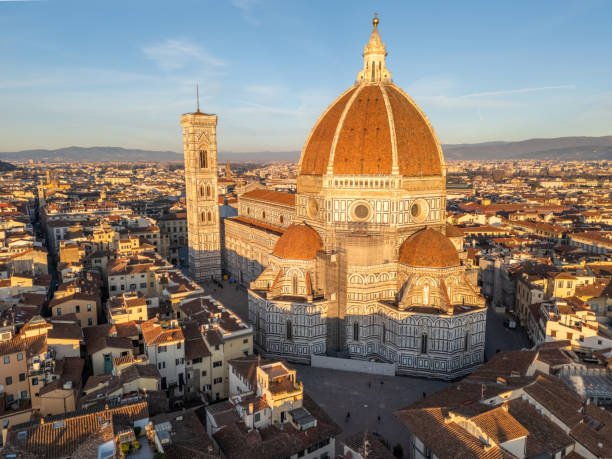 Duomo in Florence This aerial drone photo shows the famous cathedral of Florence, also known as the Duomo or Copula del Brunelleschi. Florence is a city in Tuscany, Italy. duomo santa maria del fiore stock pictures, royalty-free photos & images