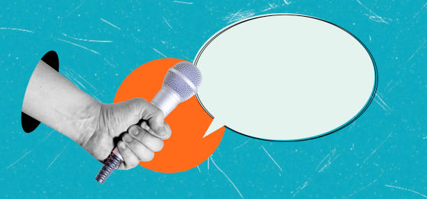 istock Contemporary art collage, featuring an image of a hand with a microphone and a message bubble on a blue background. 2192147500