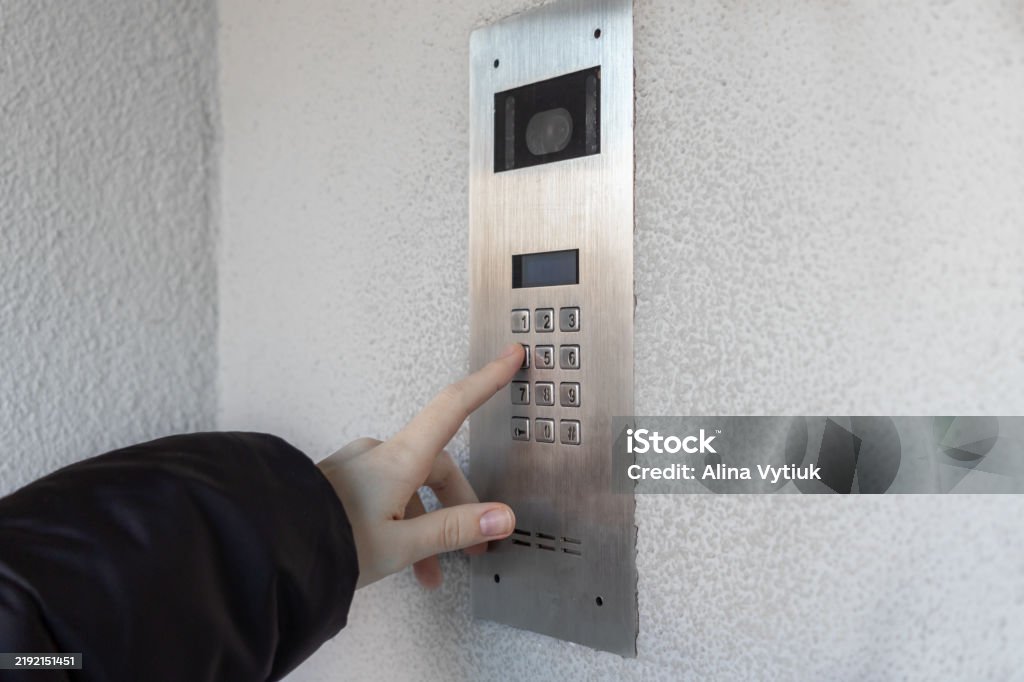 Pressing Intercom Hand Pressing Button On Modern Intercom Keypad With Camera On Textured ...