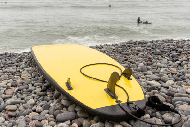 yellow surfboard on the rocks of the beach with the sea in the background