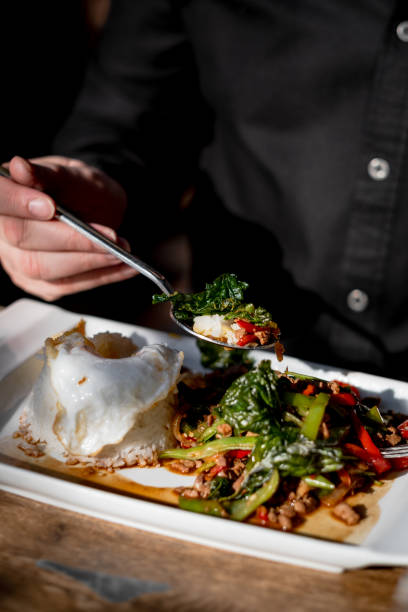 Stir-Fried Chicken with Hot Basil, Served with Steamed Rice and a Sunny-Side-Up Egg