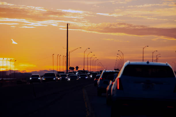 Highway traffic to Tampa at sunset time, Florida, USA