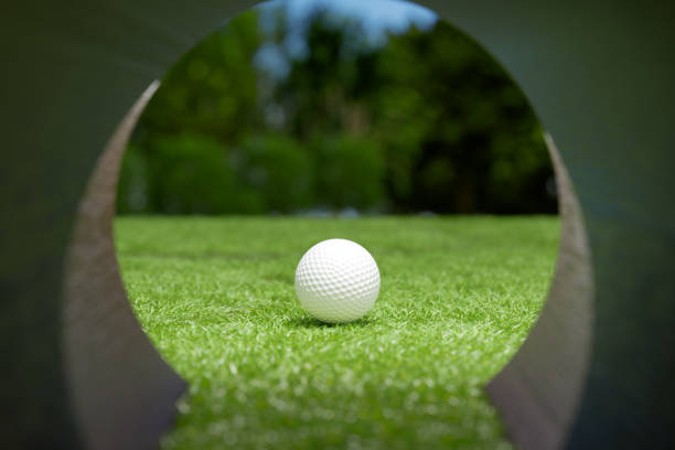 Clean, close-up photo of a golf ball resting in the hole on a manicured green, with the flagstick still in place. Ideal for golf success moments, sports achievements, putting precision, and golf course lifestyle imagery.