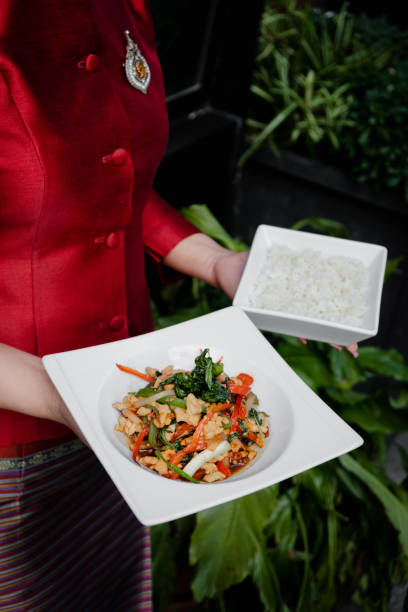 A beautifully plated serving of Pad Krapow Gai, a traditional Thai stir-fried hot basil dish, featuring tender chicken, fresh vegetables, and aromatic Thai basil in a flavorful spicy sauce. The dish is served in a square white bowl, paired with a separate bowl of fluffy jasmine rice, elegantly presented by a server dressed in traditional Thai attire. The fresh ingredients and vibrant colors highlight the bold and balanced flavors of Thai cuisine, offering a perfect combination of heat, umami, and herbal notes. This dish represents the essence of authentic Thai street food, brought into a refined dining experience.