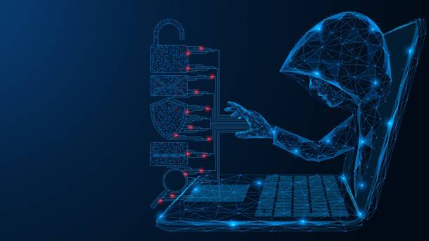 ilustrações, clipart, desenhos animados e ícones de hacker in a hood obtém acesso aos dados do usuário a partir de uma tela de laptop. - crime de computação