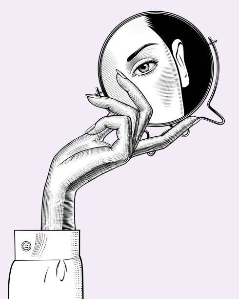 Female hand holding a round mirror with a reflection of woman's eye. Vintage black and white engraving stylized drawing. Vector illustration