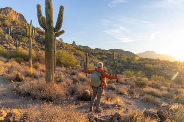 istock Mature man greets the sunrise in desert landscape 2192175745