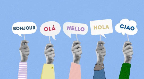 Paper collage hands holding placards showing hello word in different languages