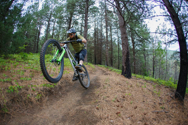 istock Mountain Bike Wheelie in a Pine Tree Forest 2192180994