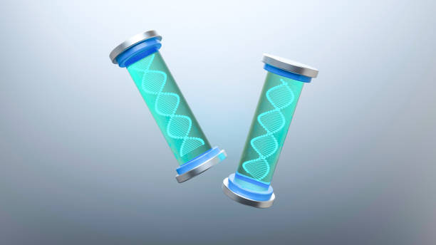3D render, DNA helix, glowing cyan, transparent test tubes, metallic caps, futuristic laboratory equipment, genetic research, blue and silver accents, gradient background, scientific visualization, high-tech, bioengineering concept, sleek design, floating objects, sterile environment, molecular biology, hyper-realistic, digital art. hélice de adn, cian brillante, tubos de ensayo transparentes, tapas metálicas, laboratorio futurista, investigación genética, acentos azul-plateados, alta tecnología, bioingeniería, diseño elegante, estéril, hiperrealista, biología molecular, rend