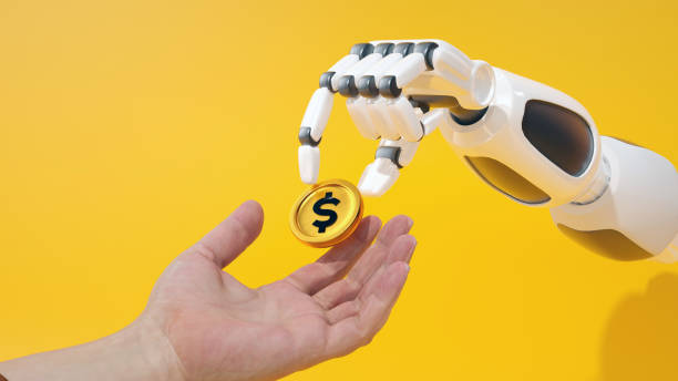 istock Robotic and human hands exchanging dollar coin, bright yellow background, financial technology concept, minimalist, futuristic, crisp details, high contrast, studio lighting, clean composition, symbolic imagery, 3d render. 2192181607