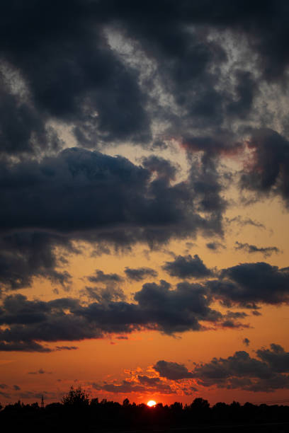 Dramatic Sunset with Silhouetted Trees and Tower on Horizon