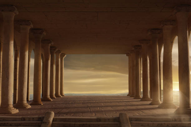 istock wide open hall with ionic columns and view to beautiful sea. 3D Rendering 2192188379