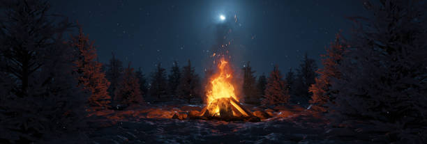 istock bonfire with sparks in front of snowy pine trees and moonlight sky. 3D Rendering 2192188809