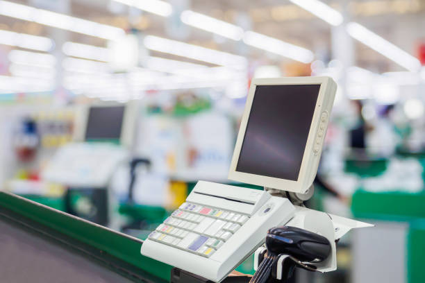 istock Empty cashier checkout desk with terminal in supermarket 2192193677