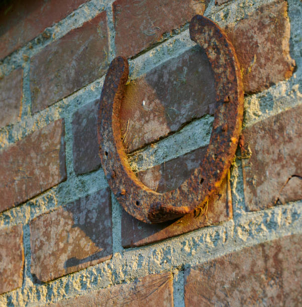 A rustic, weathered horseshoe is mounted on an aged brick wall during sunset, offering a warm and vintage ambiance with potential copy space.