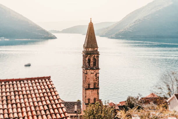 Bell Tower Overlooking Tranquil Bay in Perast, Montenegro