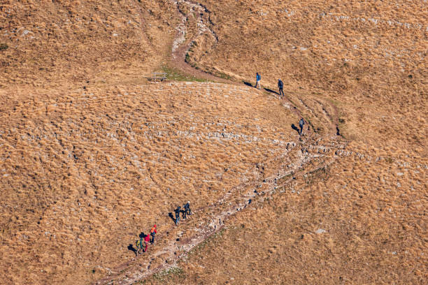 Hikers ascending a mountain path on a sunny autumn day