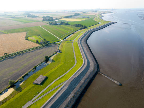 Aerial view of a person dressed in red at a waterside power windmill turbine site
