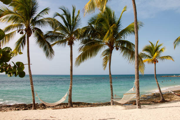 Hammocks at the Bany sand beach bay with pristine caribbean waters in Guardalavaca, Hoguin province, Cuba