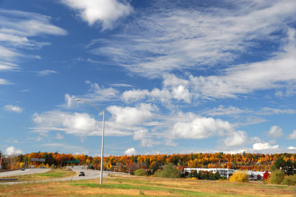 highway and colorful mountain forest under sunny sky