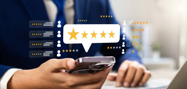istock Customer satisfaction poll, Users rate service and products online with five-star feedback, Improving business reputation and quality through positive reviews and service excellence 2192216561