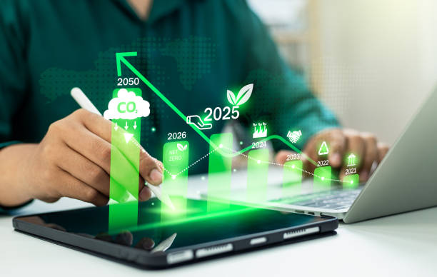 istock Carbon emission reduction target, Green economy and sustainability Net Zero future. Sustainable development, Energy goals 2025. CO2 emission graph, Goals  sustainable planet by 2050.World Environment. 2192216569