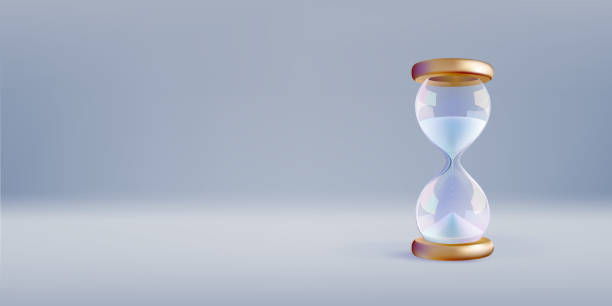 istock 3d white hourglass banner template. Time budget concept on grey background. Glass running clock, miss time. Shop hour period alarm countdown. Vector transparent sandglass, minimal gold timer concept 2192220445