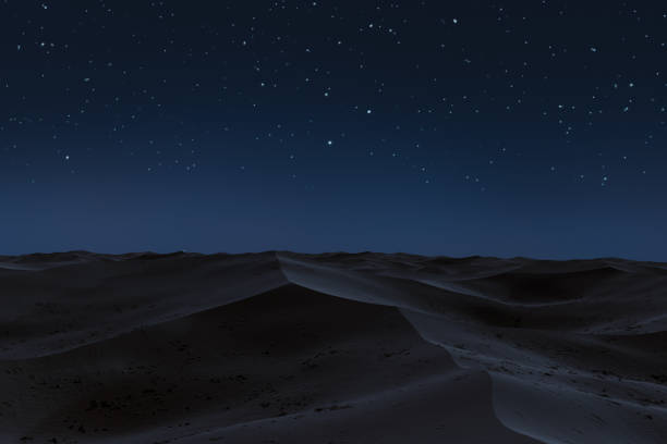 View to peaceful sand dunes at starry night. 3D Rendering