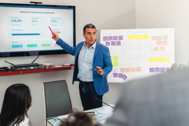 istock Business professional presenting performance metrics and strategic planning combining digital dashboard with agile methodology board 2192233025