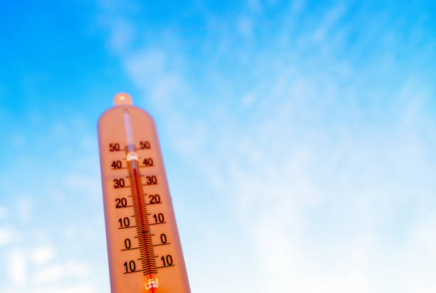 Thermometer for measuring outdoor air temperature. Meteorological device for observing and measuring the weather. Weather forecast. Thermometer on blue sky background. Hot weather, drought in summer.