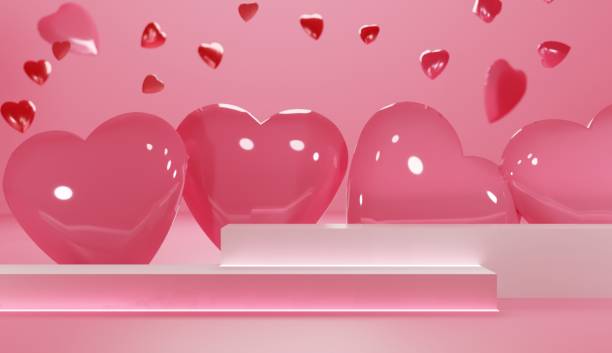 istock Cute Love themed background template with flying red hearts. Two step white platform with lights and four giant heart balloons decoration. Long rectangular table for advertising. White long podium. 2192233207