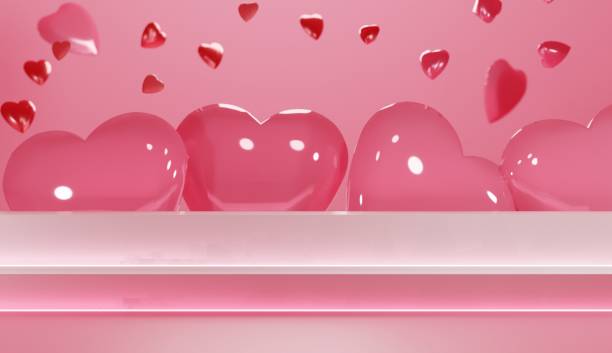 Elegant Romance themed background template with flying red hearts. 2-step white platform with lights and four giant heart balloons decoration. Long rectangular table for advertising. 3D design.