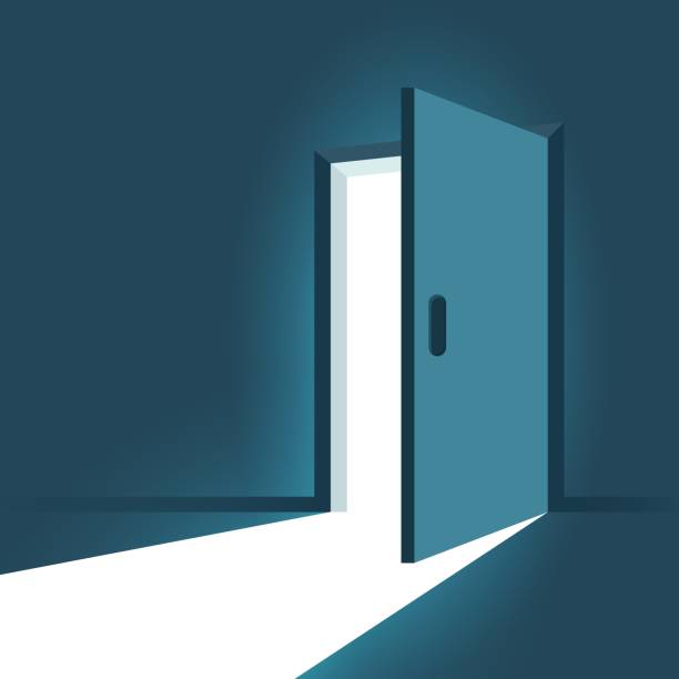 istock Open door with light icon in flat style. Dark room vector illustration on isolated background. Doorway entrance sign business concept. 2192234417