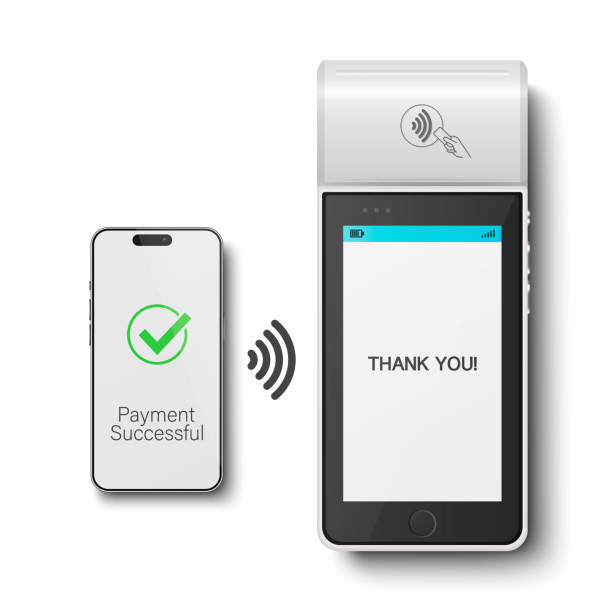ilustrații de stoc cu vector 3d realistic terminal de plată nfc alb și prim-plan pentru smartphone. plată reușită, tranzacție. aparat de plată, statut aprobat. șablon de design, terminal contactless de plată bancară - garaj