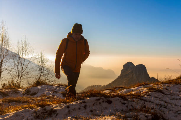 istock Hiker Exploring  in Golden Morning Landscape, forest and distant coloured mountains far 2192236795