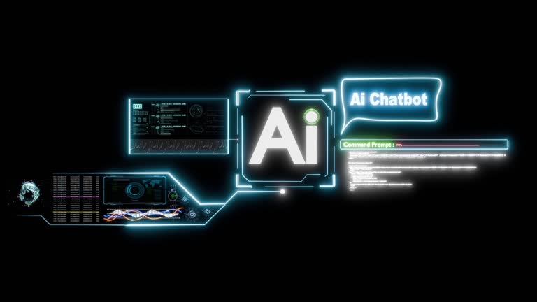 A digital interface with neon outlines shows "AI" and "AI Chatbot" in a speech bubble, alongside command prompts and graphs on a black background, reflecting AI and software.