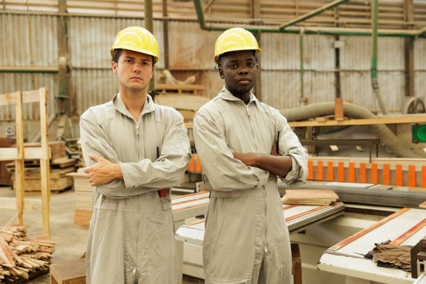Portrait warehouse work in wood factory
