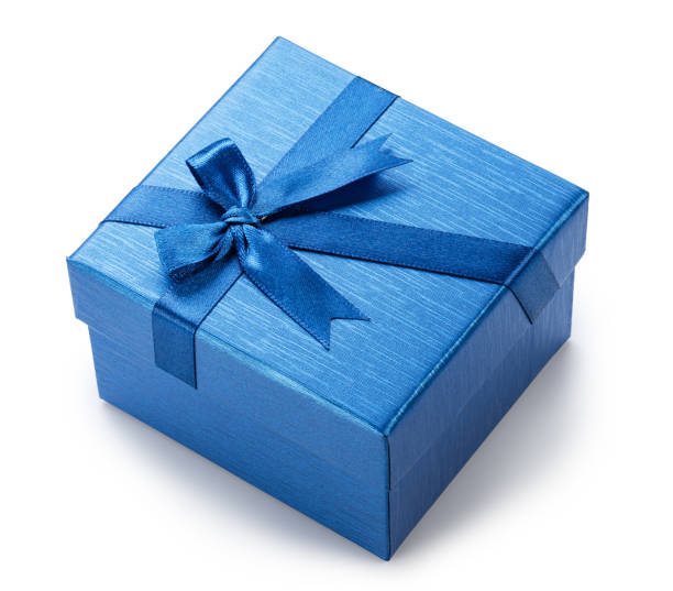 istock Blue gift box with satin bow, top view, isolated on white background. File contains clipping path. 2192241296