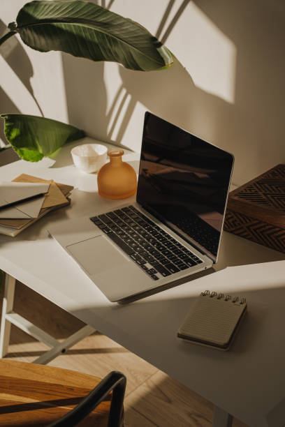 istock Minimalist workspace with laptop, stationery and green plant 2192243202
